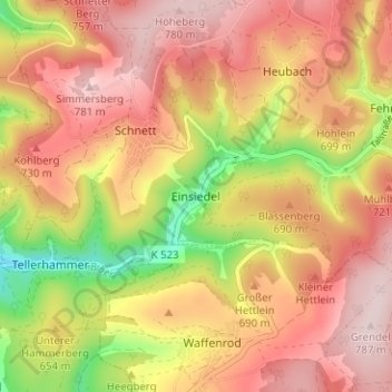 Mapa topográfico Einsiedel, altitud, relieve