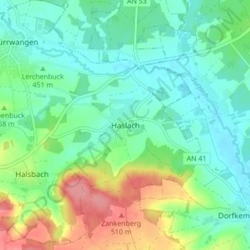 Mapa topográfico Haslach, altitud, relieve