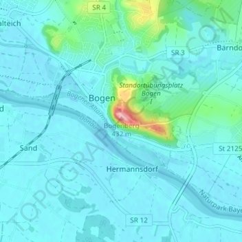 Mapa topográfico Bogenberg, altitud, relieve