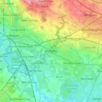 Mapa topográfico Hindley, altitud, relieve