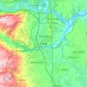 Mapa topográfico Chirk, altitud, relieve
