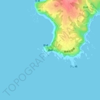 Mapa topográfico Shiono Cape, altitud, relieve