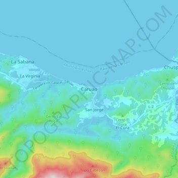Mapa topográfico Caruao, altitud, relieve