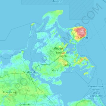 Mapa topográfico Rügen, altitud, relieve