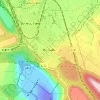 Mapa topográfico Oberaußem, altitud, relieve
