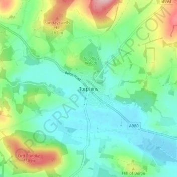 Mapa topográfico Torphins, altitud, relieve