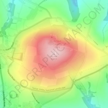 Mapa topográfico Kit Hill, altitud, relieve