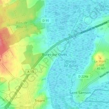 Mapa topográfico Bures-sur-Dives, altitud, relieve