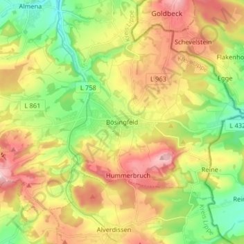 Mapa topográfico Bösingfeld, altitud, relieve
