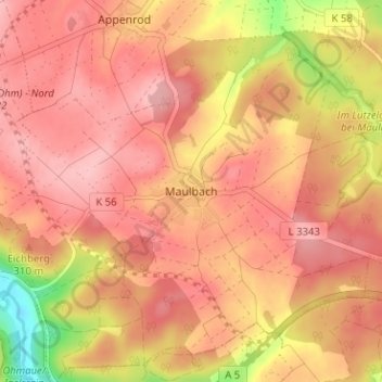 Mapa topográfico Maulbach, altitud, relieve