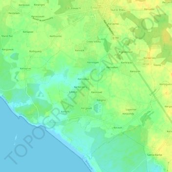 Mapa topográfico Kerjoyeux, altitud, relieve