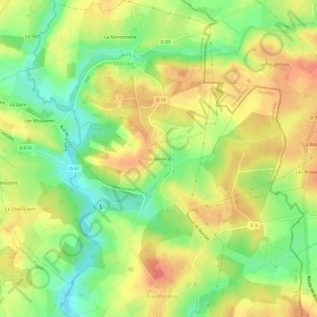 Mapa topográfico La Verrerie, altitud, relieve