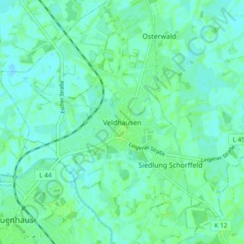 Mapa topográfico Veldhausen, altitud, relieve