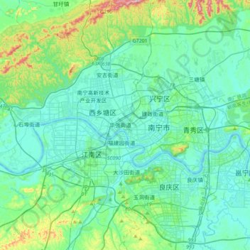 Mapa topográfico Nanning, altitud, relieve