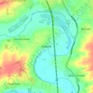 Mapa topográfico Radwell, altitud, relieve
