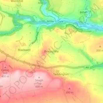 Mapa topográfico Priestcliffe, altitud, relieve