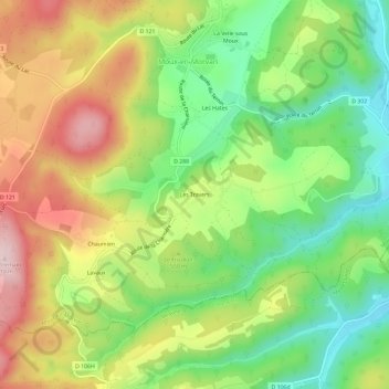 Mapa topográfico Les Travers, altitud, relieve