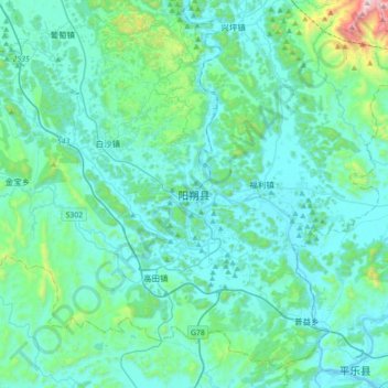Mapa topográfico Yangshuo, altitud, relieve