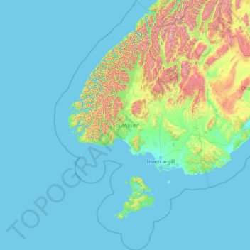 Mapa topográfico Southland, altitud, relieve