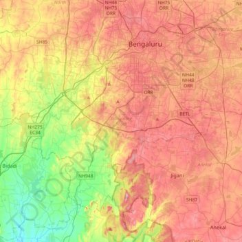 Mapa topográfico Bangalore South, altitud, relieve