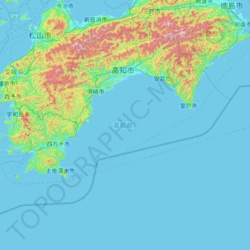 Mapa topográfico Préfecture de Kōchi, altitud, relieve