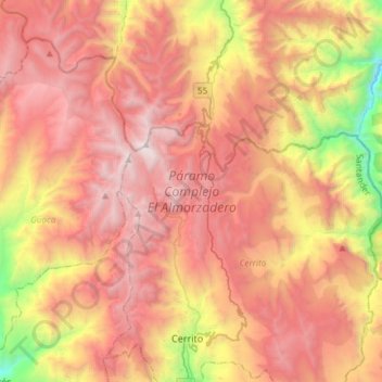 Mapa topográfico Páramo Complejo El Almorzadero, altitud, relieve