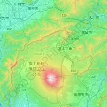 Mapa topográfico 南都留郡, altitud, relieve