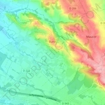 Mapa topográfico Buros, altitud, relieve