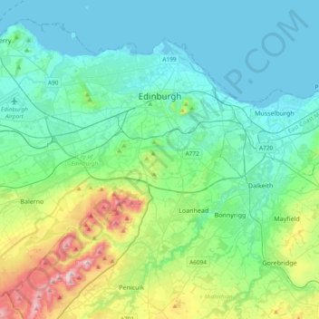 Mapa topográfico Edimburgo, altitud, relieve