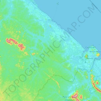 Mapa topográfico Kourou, altitud, relieve