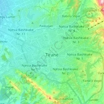 Mapa topográfico Tirana, altitud, relieve