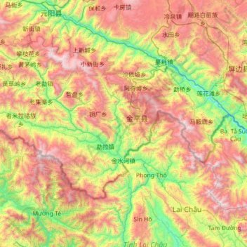 Mapa topográfico Jinping Miao, Yao and Dai Autonomous County, altitud, relieve