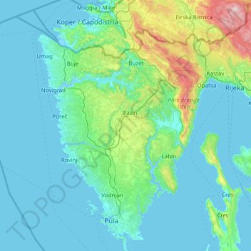 Mapa topográfico Istrië, altitud, relieve