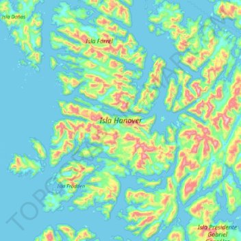 Mapa topográfico Isla Hanover, altitud, relieve