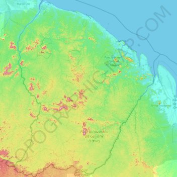 Mapa topográfico Guyane, altitud, relieve