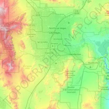 Mapa topográfico Las Vegas Valley, altitud, relieve