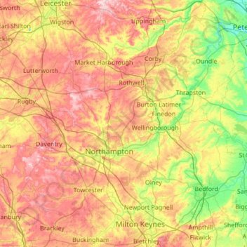 Mapa topográfico Northamptonshire, altitud, relieve