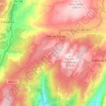 Mapa topográfico Vale de Estrela, altitud, relieve