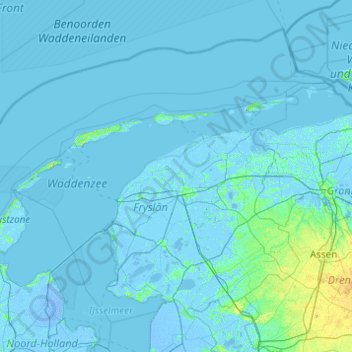 Mapa topográfico Nederlandse Waddeneilanden, altitud, relieve