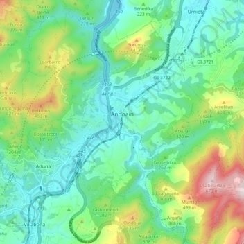 Mapa topográfico Andoain, altitud, relieve