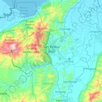 Mapa topográfico San Pedro Sula, altitud, relieve