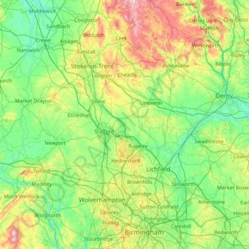 Mapa topográfico Staffordshire, altitud, relieve