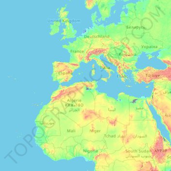 Mapa topográfico Nederland, altitud, relieve