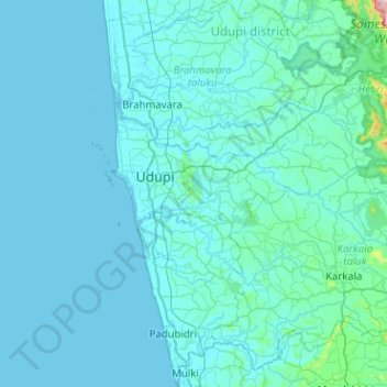 Mapa topográfico Udupi taluku, altitud, relieve