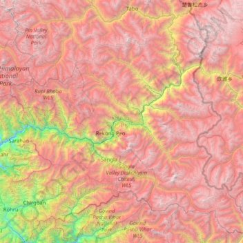 Mapa topográfico Kinnaur District, altitud, relieve