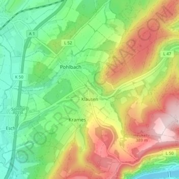 Mapa topográfico Klausen, altitud, relieve