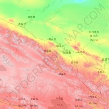 Mapa topográfico Zhangye, altitud, relieve