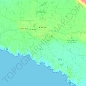 Mapa topográfico Pulsano, altitud, relieve