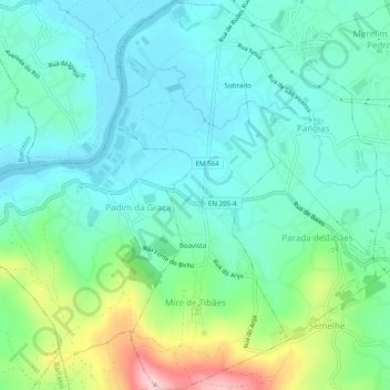 Mapa topográfico Mire de Tibães, altitud, relieve