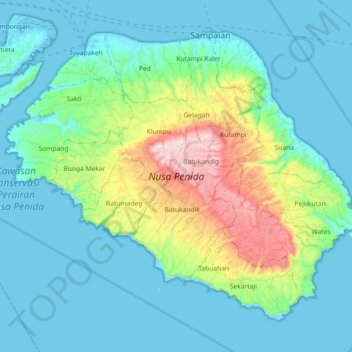 Mapa topográfico Penida Island, altitud, relieve